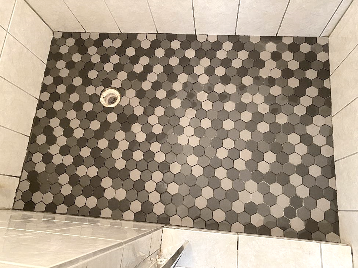 A picture containing tiled, tile, toilet, bathroom

Description automatically generated
